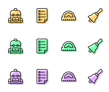 Çizgi Protractor ızgarası, okul çantası, kontrol listeli pano ve zil simgesini ayarla. Vektör