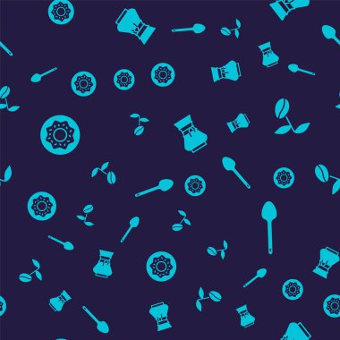 Donut, kahve çekirdekleri, kahve makinesinin üzerine dökülen kahve kaşığı ve kusursuz desenli çay kaşığı. Vektör