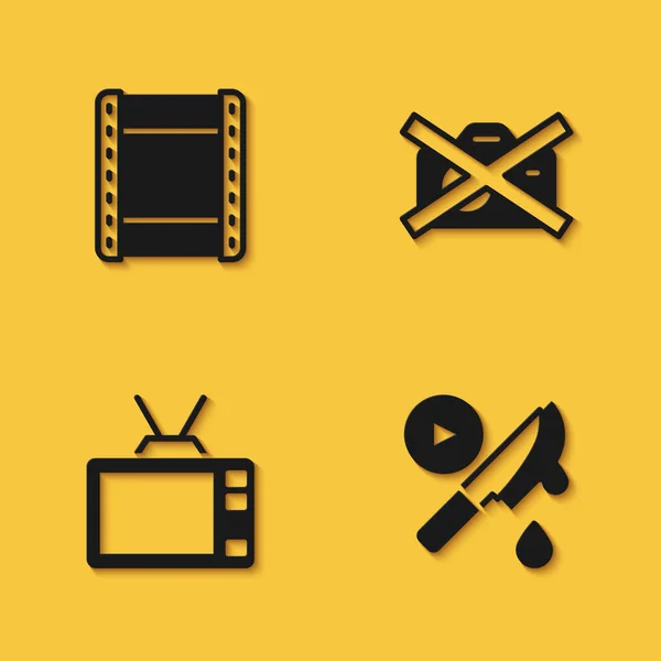 Set Play video, Thriller film, Retro TV och Förbud ingen inspelning ikon med lång skugga. Vektor — Stock vektor