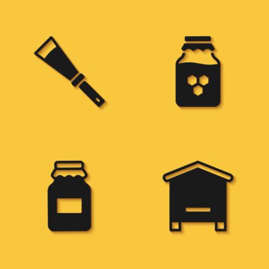 Arıcılık bıçağı, arılar için kovan, uzun gölgeli bir kavanoz bal ve ikon. Vektör