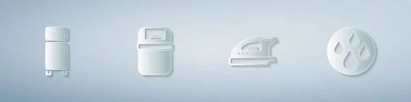 Ensemble réfrigérateur, poubelle, fer à repasser électrique et goutte d'eau. Style art du papier. Vecteur — Image vectorielle