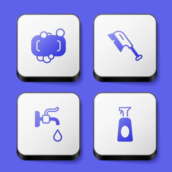 设置肥皂条,清洁刷子,水龙头和清洁剂图标清洁剂喷雾.白色正方形按钮。B.病媒 — 图库矢量图片