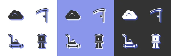 Set Torre de agua, clima nublado, cortacésped e icono de la guadaña. Vector — Vector de stock