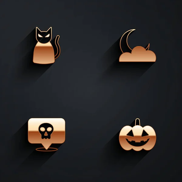 Set Zwarte kat, Maan en sterren, Skull and Pumpkin icoon met lange schaduw. Vector — Stockvector