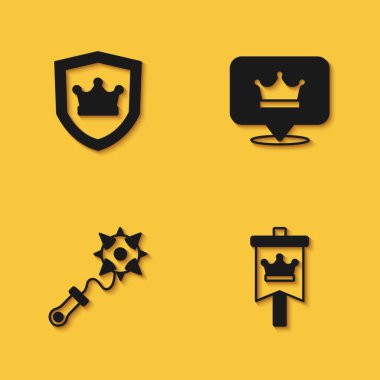 Kalkan 'ı taç, Ortaçağ bayrağı, Mace dikenleri ve uzun gölgeli Kral ikonu ile donatın. Vektör