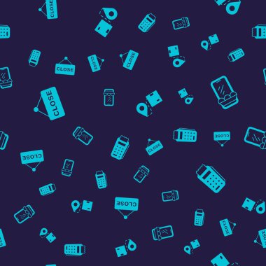 Asılma işaretini metni kapatılmış, çevrimiçi telefon alışverişi, konum karton kutusu ve POS terminalini pürüzsüz desenli olarak ayarla. Vektör