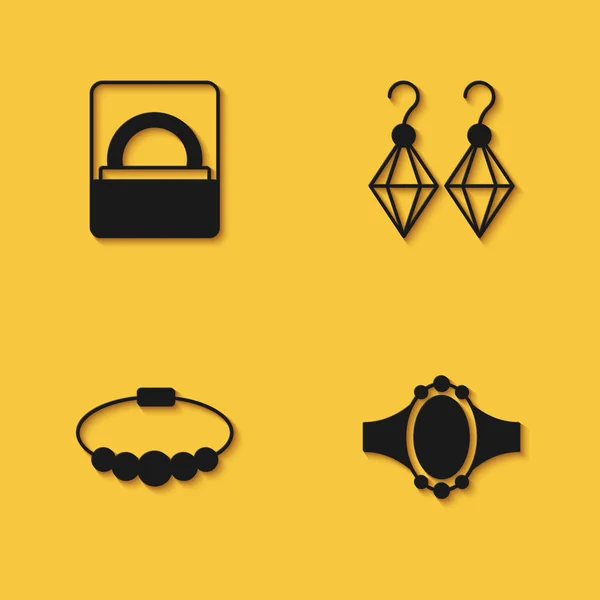 Set Diamante anello di fidanzamento in scatola, bracciale gioielli e orecchini icona con lunga ombra. Vettore — Vettoriale Stock