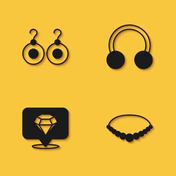 Boucles d'oreilles serties, collier de perles, icône diamant et perçage avec ombre longue. Vecteur — Image vectorielle