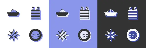 Nastavte lodní okénko, skládaný papírový člun, větrnou růžici a pruhovanou ikonu námořnického trička. Vektor — Stockový vektor