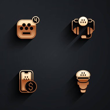 Taksi mobil uygulamasını, telefon servisini, mobil bankacılık ve uzun gölgeli sürücü simgesini ayarla. Vektör