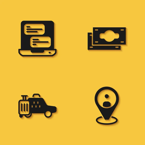 Set Taxi mobile app, client, car and Stacks paper money icon with long shadow. Вектор — стоковый вектор