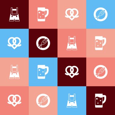 Pop Art Lederhosen, bir bardak bira, simit ve kurutulmuş balık ikonu. Vektör