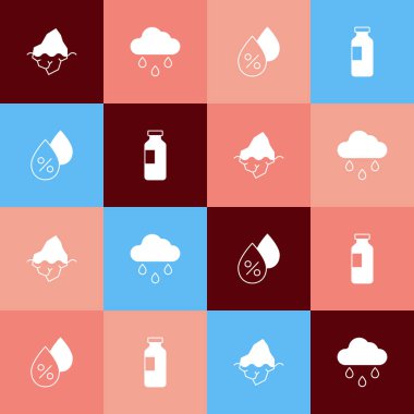 Pop Art Iceberg 'i, Cloud' u yağmurlu, su damlası yüzdesini ve bir şişe su ikonunu ayarla. Vektör
