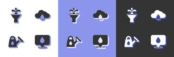Defina gota de água com localização, fonte, regador e ícone de chuva na nuvem. Vetor — Vetor de Stock