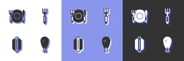 Set Jambe de poulet, assiette, fourchette et couteau, Hotdog et fourchette icône. Vecteur — Image vectorielle