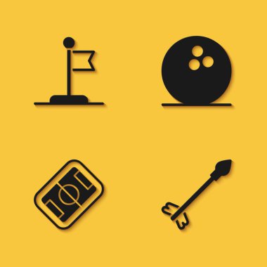 Bayrak, Ortaçağ okları, futbol sahası ve uzun gölgeli bowling ikonu. Vektör