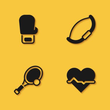 Boks eldiveni, kalp atış hızı, toplu tenis raketi ve uzun gölgeli ortaçağ yayı ikonu. Vektör