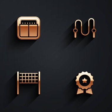 Spor mekanik skorbordu, atlama ipi, voleybol ağı ve uzun gölgeli yıldız ikonu. Vektör