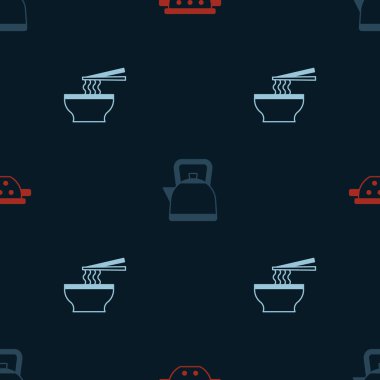 Mutfak süzgeci, saplı çaydanlık ve kusursuz desenli Asya eriştesi. Vektör