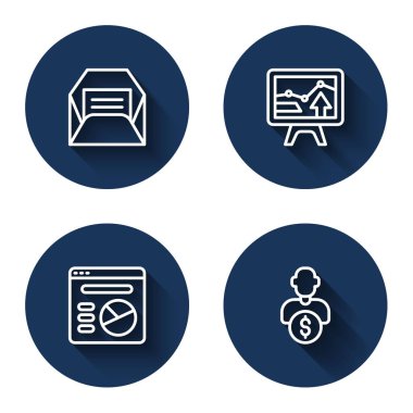 Hat Envelope, grafik grafikli Monitor, uzun gölgeli turta bilgi ve iş yatırımcısı ayarla. Mavi daire düğmesi. Vektör