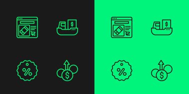 Finansal büyüme doları, indirimli yüzde etiketi, çevrimiçi alışveriş ekranı ve kutu teslim ikonuyla kargo gemisi ayarlayın. Vektör