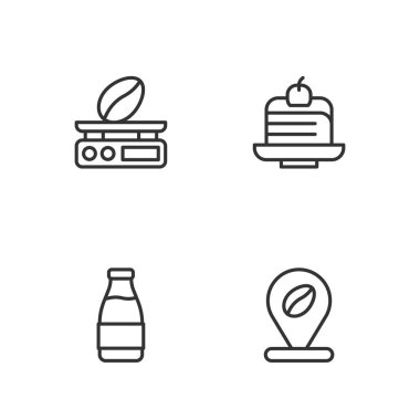 Kahve çekirdeği, süt şişesi, elektronik pullar ve kek ikonu içeren bir sıra oluşturun. Vektör