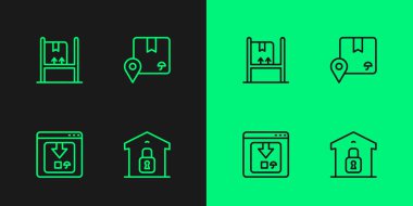 Hat kapatılmış depo, çevrimiçi uygulama dağıtım takibi, kutularla dolu depo içi ve konum karton ikonu. Vektör