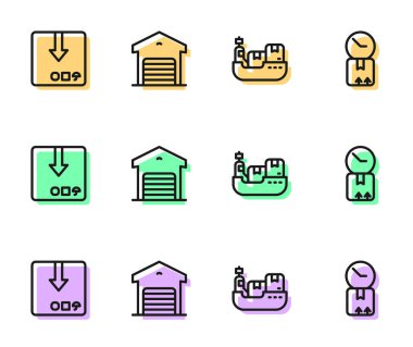 Kargo gemisini kutu teslimatı, karton karton, depo ve karton saat simgesi ile ayarlayın. Vektör