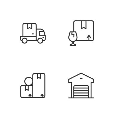 Depo hattı, karton kutu, kargo kamyonu ve kırılgan içerik ikonlu paket. Vektör