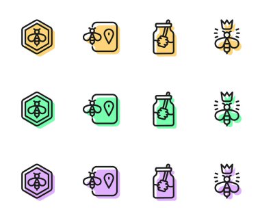 Kavanoz dolusu bal ve dipper çubuğu, arı peteği, konum ve kraliçe arı ikonu. Vektör