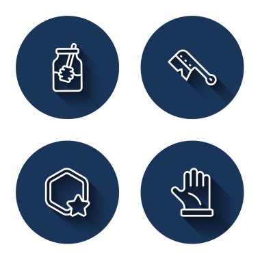 Ballı kavanoz ve dipper çubuğu, arıcılık fırçası, bal peteği ve uzun gölgeli arıcı eldiveni ayarla. Mavi daire düğmesi. Vektör