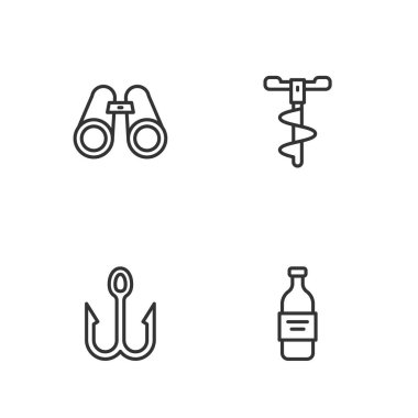 Votka şişesi, olta iğnesi, dürbün ve el buz matkabı. Vektör