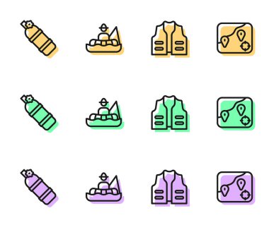 Olta ipi, balıkçı yeleği, Aqualung, balıkçı teknesi ve balıkçı teknesi. Vektör