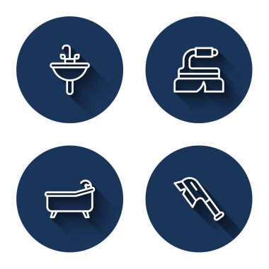 Sırayı bozmayın, temizlik için fırça, küvet ve uzun gölgeli. Mavi daire düğmesi. Vektör