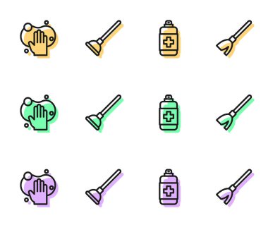 Antibakteriyel sabun, Sponge, Rubber lavabo pompası ve süpürge ikonu. Vektör