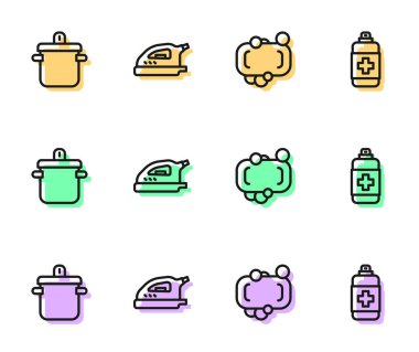 Bir kalıp sabun, tencere, elektrikli ütü ve antibakteriyel ikon. Vektör