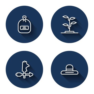 Tohumlarla dolu bir sıra, filizlenme, horoz rüzgar gülü ve uzun gölgeli çiftçi şapkası. Mavi daire düğmesi. Vektör