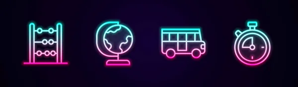 Stel lijn Abacus, aardbol, schoolbus en stopwatch in. Een gloeiend neon icoon. Vector — Stockvector