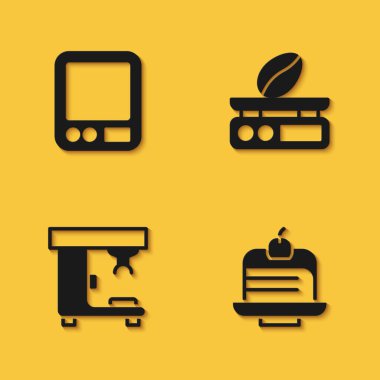 Elektronik kahve tartıları, kek, kahve makinesi ve uzun gölgeli bir ikon. Vektör