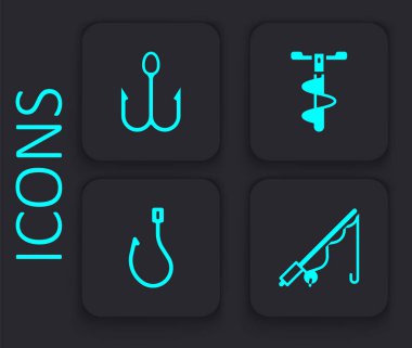 Oltayı, kancayı, matkabı ve ikonu hazırlayın. Siyah kare düğme. Vektör