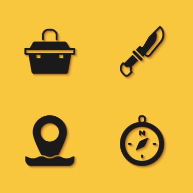 Balık tutma ekipmanları, pusula, konum ve bıçak ikonu için uzun gölgeli çanta ya da kutu ayarlayın. Vektör