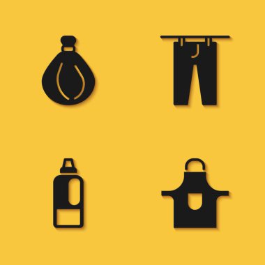 Çöp torbası, mutfak önlüğü deterjan şişesi ve uzun gölgeli kurutma ikonu. Vektör