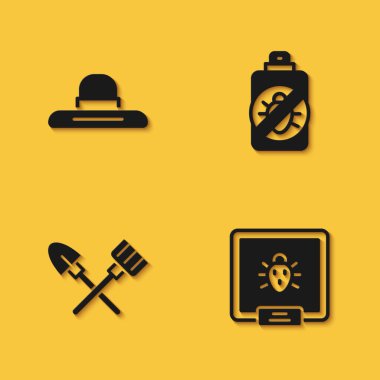 Çiftçi şapkası, Colorado böceği, kürek, tırmık ve böcek ikonuna karşı uzun gölgeli sprey kullanın. Vektör