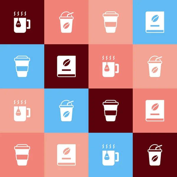 Set pop art tasse de thé avec sac, café glacé, tasse de café à emporter et icône du livre. Vecteur — Image vectorielle