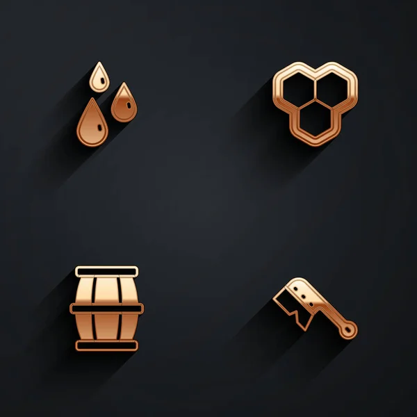 Set Gotas de miel, panal, barril de madera con e icono de cepillo de apicultura con sombra larga. Vector — Archivo Imágenes Vectoriales