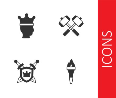 Meşale yak, Kral tacı, kılıçlı kalkan ve çapraz savaş çekiçleri ikonu. Vektör