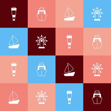 Pop Art Spyglass teleskop lenslerini, Yat yelkenlisini ve direksiyon simgesini ayarla. Vektör