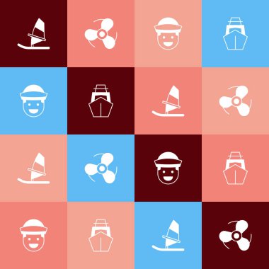 Pop Art Windsurfing, Boat Pervane, Sailor ve Yat yelkenli ikonu ayarlayın. Vektör