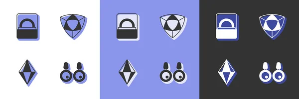 Set de pendientes, caja de compromiso de diamantes, gema de piedra y el icono. Vector — Vector de stock