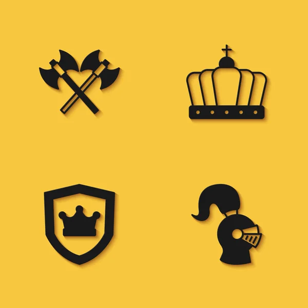 Set Asce medievali incrociate, casco medievale, scudo con corona e icona del re con lunga ombra. Vettore — Vettoriale Stock